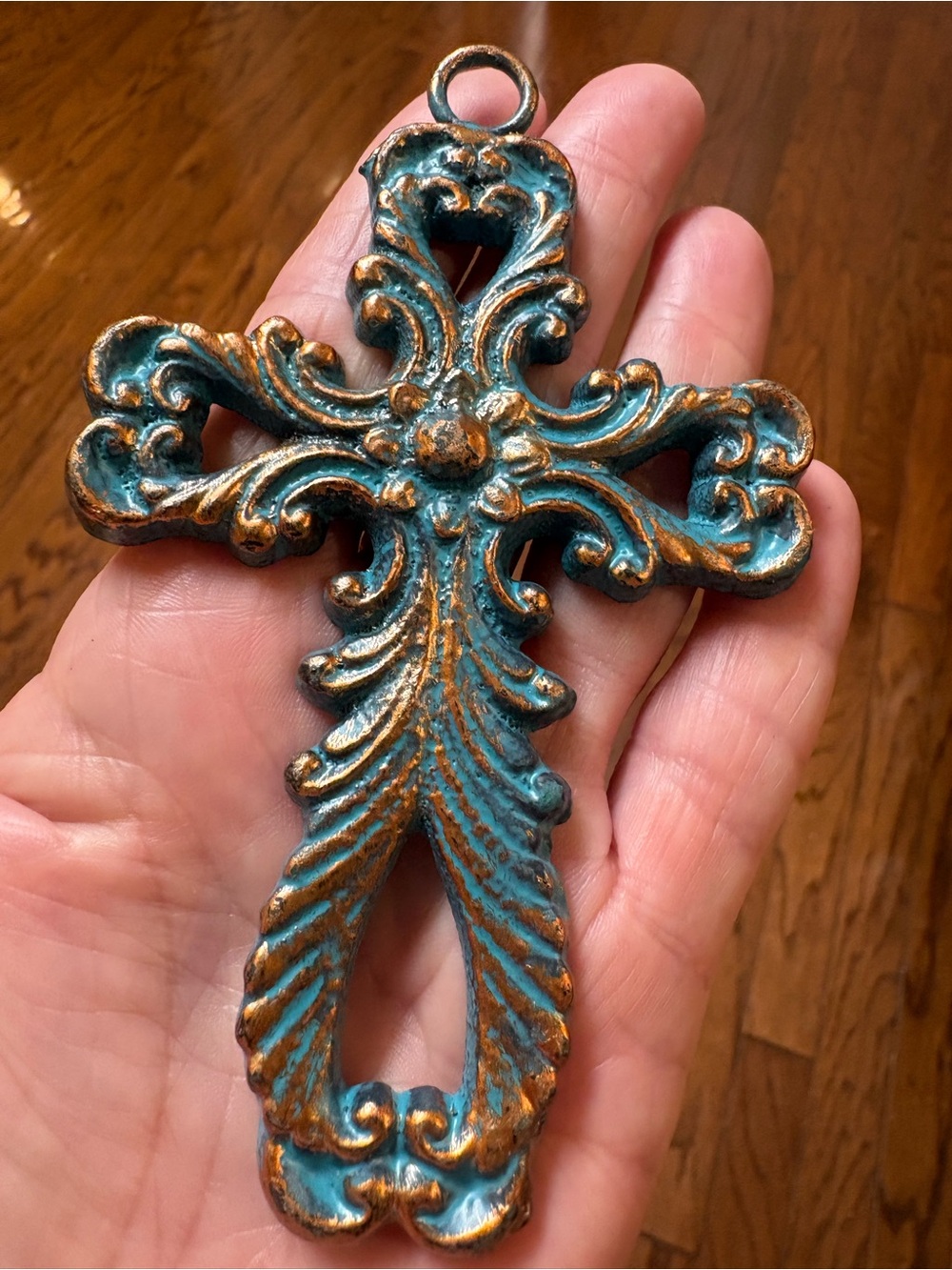 Decorative Turquoise and Antique Gold Filigree Cross Wall Accent